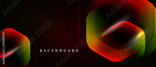 Dark abstract background features layered hexagon shapes. Colors blend from red, orange, yellow, green. Modern design element.