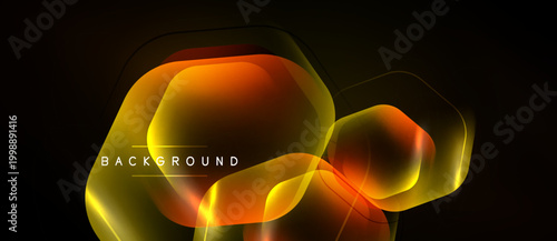 Neon hexagons overlap, creating vibrant orange, yellow glow. Dark background emphasizes luminous shapes, modern design element.