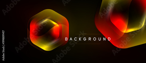 Dark background features glowing geometric shapes. Red, yellow hues create dynamic visual effect. Text reads BACKGROUND. Modern design elements present.