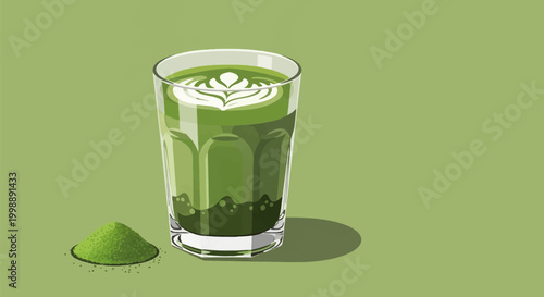 Green matcha tea latte in a clear faceted glass with white foam rosette art and a pile of green tea powder on a solid green background with a soft shadow.