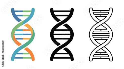 Dna structure icon set showing flat color solid black and outline graphic line style set.