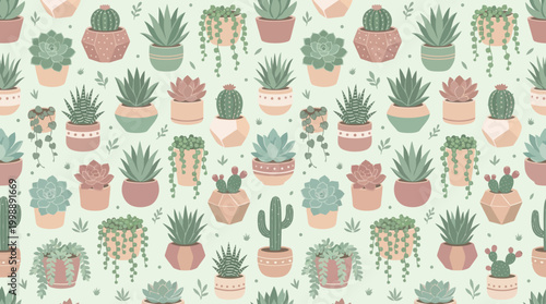 Seamless vector pattern with cute succulents and cacti in decorative pots on mint green background