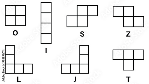 Set of polyomino shapes including O I S Z L J and T shapes.