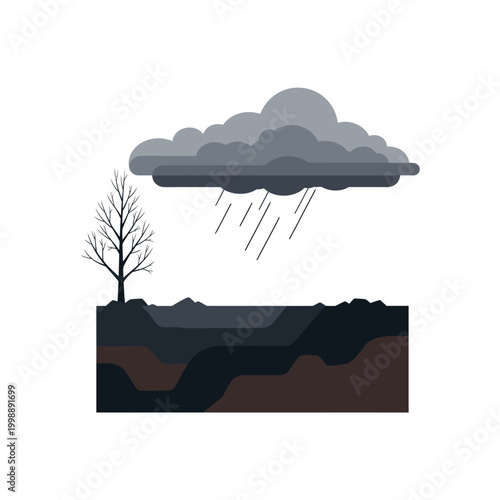 Stormy Weather Over Barren Land with Dead Tree and Soil Layers