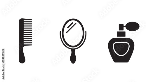 Personal care daily icons set including comb, mirror, and perfume bottle on white background for beauty and hygiene concepts