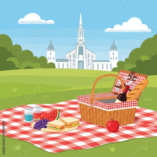 Summer Picnic in Park with Temple Background