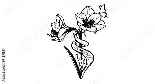 Amaryllis flower blooms elegantly alongside a delicate butterfly in this sketch.