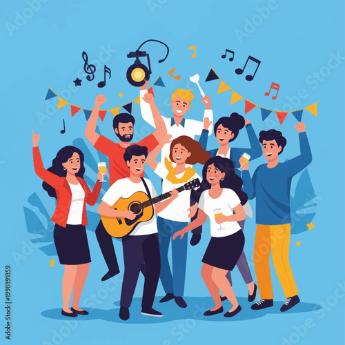 Diverse group of young men and women dancing at a celebration with live acoustic guitar music, festive bunting flags, drinks, and floating musical notes on a light blue background.