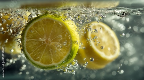 Fresh Lemon Slices Splashing into Clear Water with Bubbles, Citrus Pieces Floating in Refreshing Aquatic Environment, Healthy Beverage Ingredient
