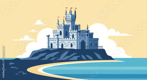 Flat vector illustration of a grey medieval castle with towers and flags on a rocky cliff overlooking a sandy beach and blue ocean with stylized clouds and a yellow sky.
