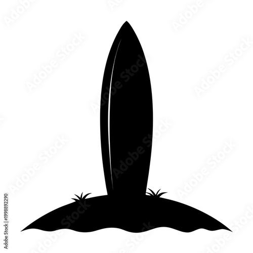 Minimalist surfboard silhouette on beach sand, black surfing board icon vector, summer vacation and water sports graphic element on white background