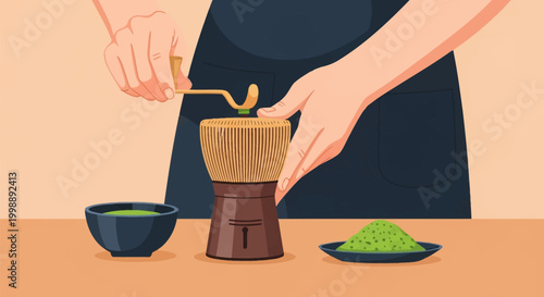 Flat vector illustration of hands using a traditional Japanese bamboo whisk and grinding tool to prepare organic matcha green tea powder, with a bowl of tea and a plate of powder.