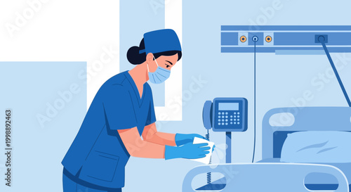 Nurse Cleaning Hospital Bedside Table with Disinfectant Wipe