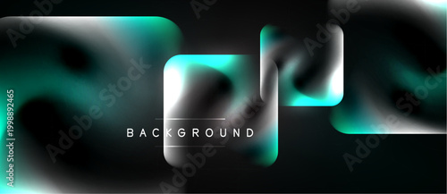 Dark background features abstract turquoise squares. Gradient effects create glossy, modern visual. Text reads background centrally positioned.