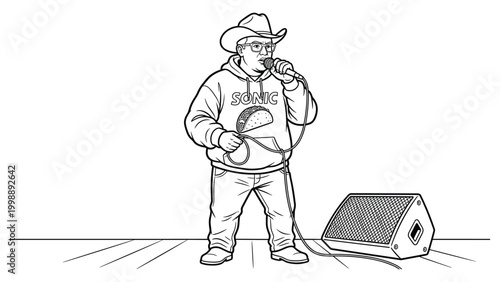 Country singer man wearing cowboy hat and hoodie performing stand up comedy on wooden stage.
