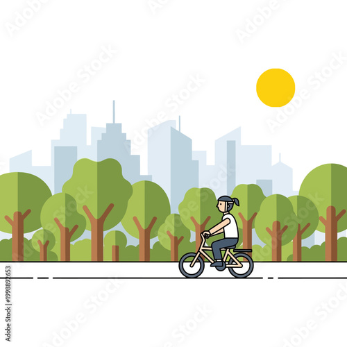 Woman cycling in park with city skyline and sun, flat design