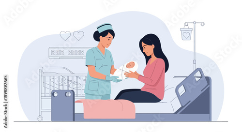Nurse Hands Newborn Baby to Mother in Hospital Bed, Celebrating New Life and Maternity