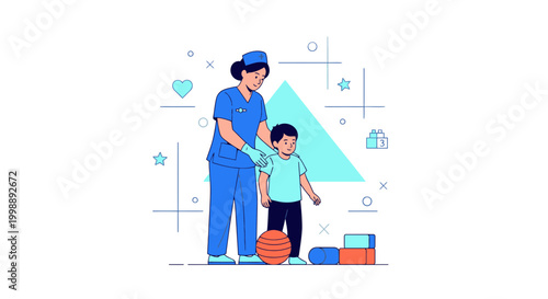 Nurse helping child with physical therapy, rehabilitation, and recovery exercises