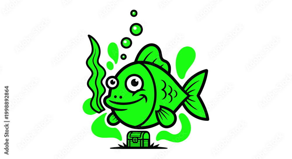 Obraz premium Green cartoon fish with treasure chest and bubbles, isolated on white background