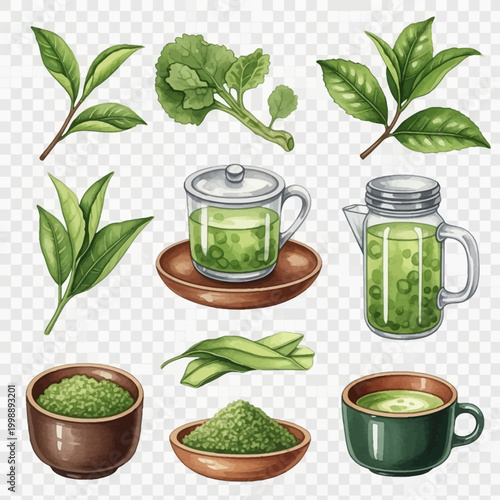 Watercolor illustration collection of matcha green tea components featuring fresh leaves, powder in wooden bowls, glass teacups, and a ceramic mug of brewed tea on a grid background.