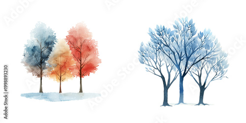 frosted trees watercolor vector illustration