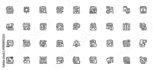 SEO icon set. Vector web icons pack. Includes symbols for website, search engine, marketing, analytics, strategy, coding, design and more. Editable stroke.