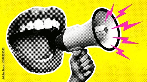 Pop Art Style Illustration of a Hand Holding a Megaphone with Sound Waves
