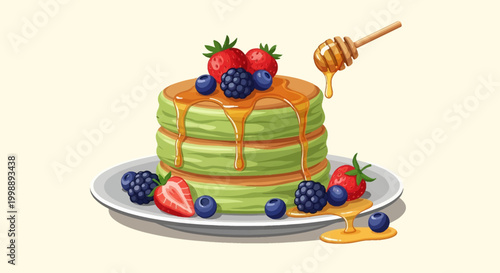 Vector illustration of a stack of fluffy green matcha pancakes on a plate, topped with fresh strawberries, blueberries, blackberries, and dripping honey from a wooden dipper.