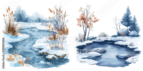 frozen pond watercolor vector illustration