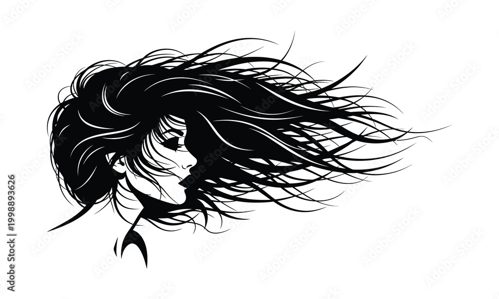 Fototapeta premium Woman's face with long flowing hair, black and white vector silhouette.