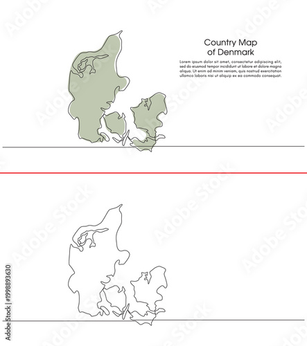 Continuous single line drawing of denmark map in White background. Map concept for Education, Travel between cities in denmark, infographics, Science, Web Presentations in simple single line art style