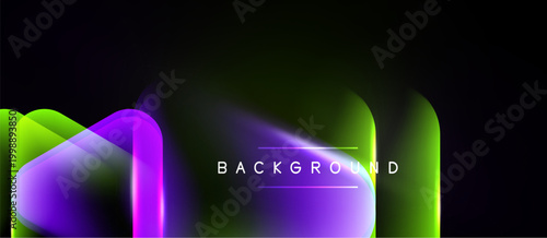 Abstract gradients overlap, creating vibrant flowing shapes. Dark background emphasizes luminous colors, modern design element.