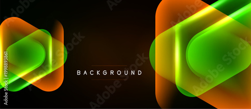 Abstract neon shapes overlap, creating vibrant gradients. Dark background emphasizes glowing orange, green hues. Text reads background.