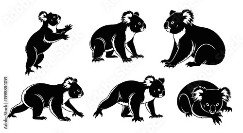 Koala Bear Silhouettes Set in Various Poses ? Minimalist Wildlife Art