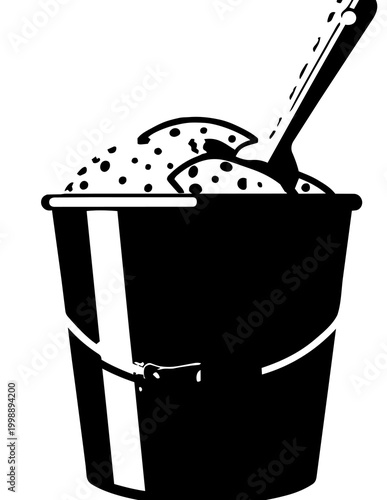 Black bucket with ice cream scoop.
