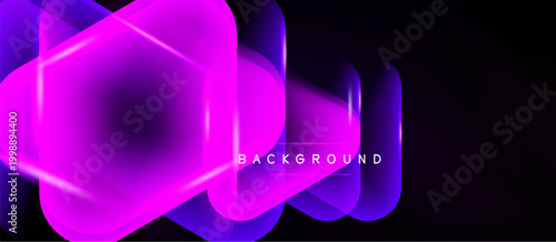Abstract neon shapes overlap, creating vibrant glow. Dark background emphasizes bright purple, blue hues. Modern design element.