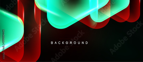 Abstract flowing shapes, vibrant green, red hues over black background. Modern design, dynamic composition, smooth gradients present.