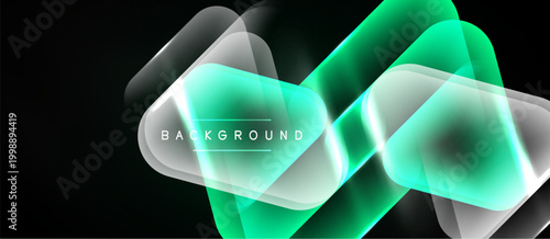 Abstract geometric shapes overlap, creating vibrant green glow effect. Dark background emphasizes luminosity, modern design element.