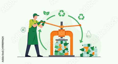 Recycling worker compacting plastic bottles with a press machine for environmental protection