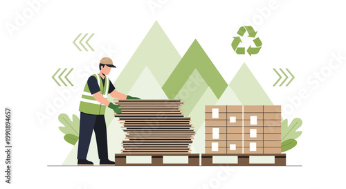 Recycling worker stacking cardboard boxes on pallets, eco-friendly logistics, green mountains background