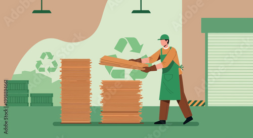 Recycling worker stacks paper materials in a warehouse with recycling symbols