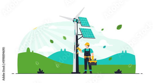 Renewable Energy Technician Maintaining Wind Turbine and Solar Panels in Green Landscape