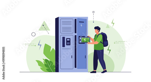 Student charging phone in smart locker, modern technology, convenience, campus life