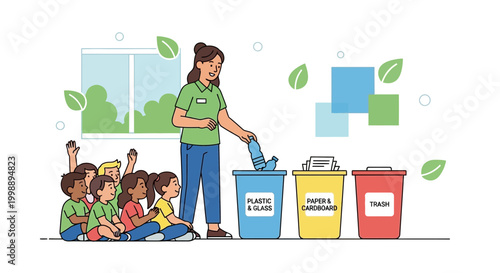 Teacher shows children recycling bins for plastic, paper, and trash, promoting environmental education.
