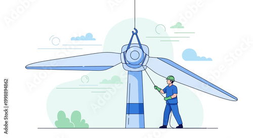 Wind turbine installation worker with crane lifting rotor and blades