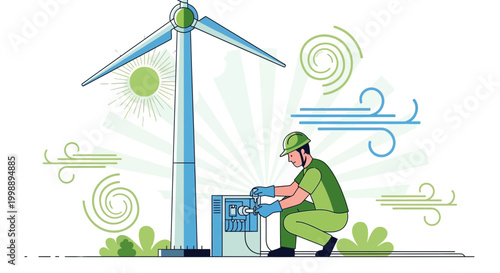 Wind Turbine Maintenance: Technician Works on Equipment Near Renewable Energy Generator