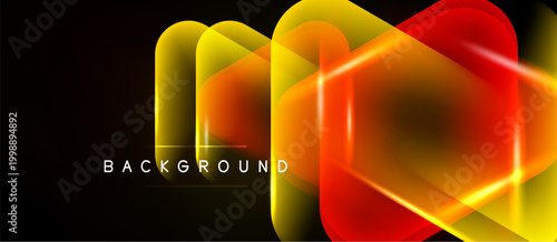 Abstract neon shapes overlap, creating vibrant geometric design. Dark background emphasizes glowing lines, modern aesthetic.