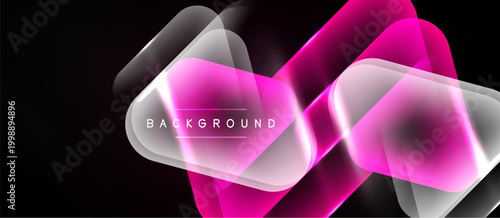 Abstract design features overlapping translucent shapes, vibrant pink hues, glowing effects. Dark background enhances visual contrast, modern aesthetic.