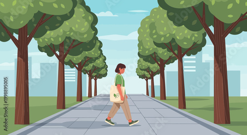 Woman walking on tree-lined path in city park with skyscrapers in background