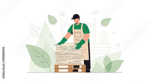 Worker handling recycled paper stack on pallet, eco-friendly production, sustainability concept